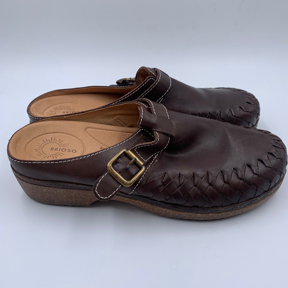 Brioso Woven Leather Clogs Women 10M Brown Excellent Buckle Comfort Mules